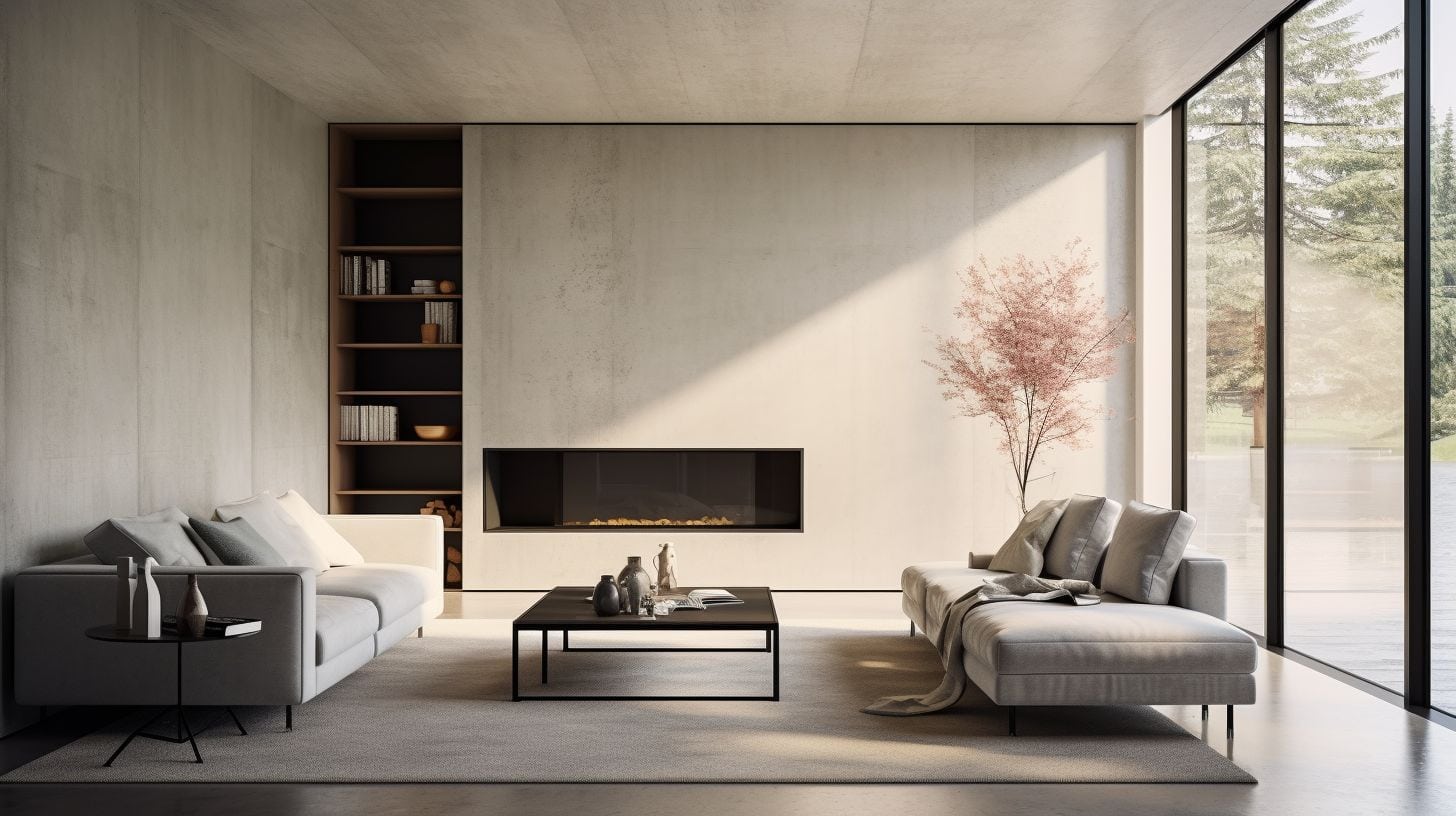 A modern living room showcasing a completed wall finished with microcement Venetian plaster