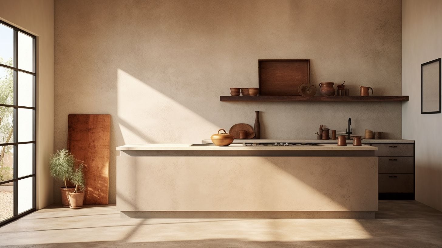 Minimalist Kitchen Featuring a Smooth Tadelakt Plaster Wall