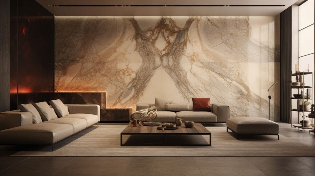 a luxurious interior showcasing a feature wall finished with Venetian plaster containing marble dust