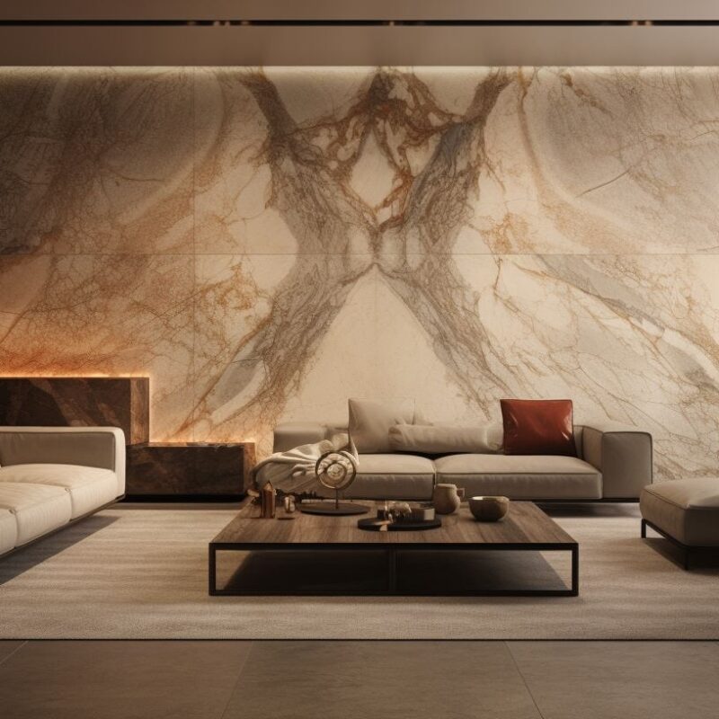 a luxurious interior showcasing a feature wall finished with Venetian plaster containing marble dust