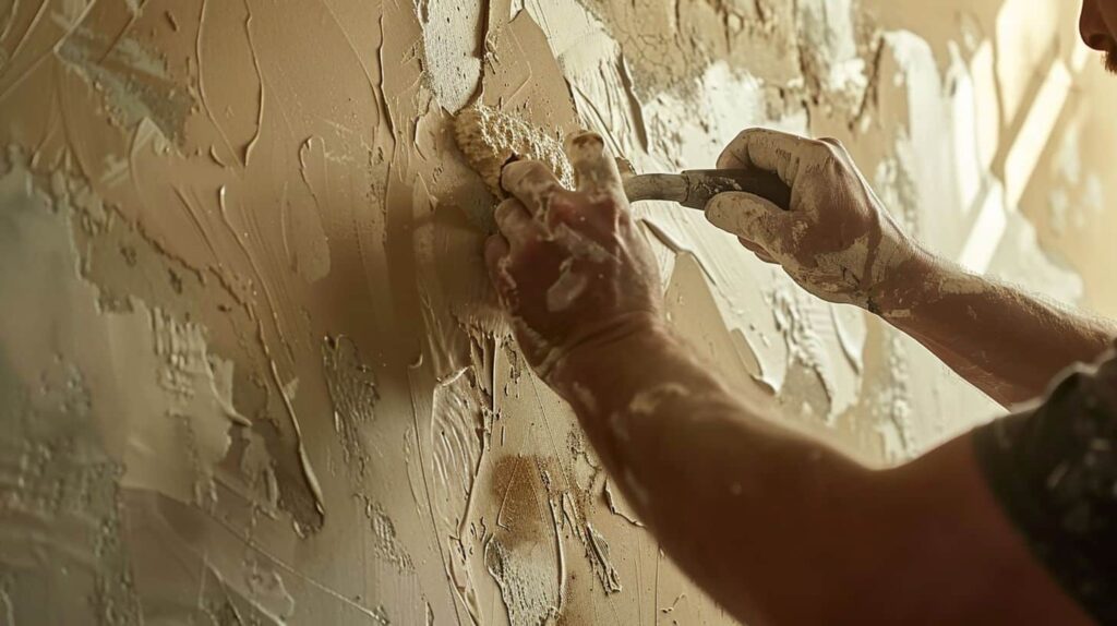 a professional carefully inspecting and repairing a wall with Venetian plaster