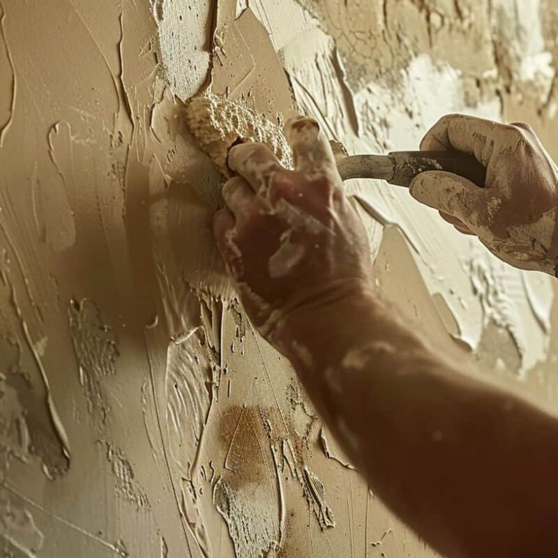 a professional carefully inspecting and repairing a wall with Venetian plaster