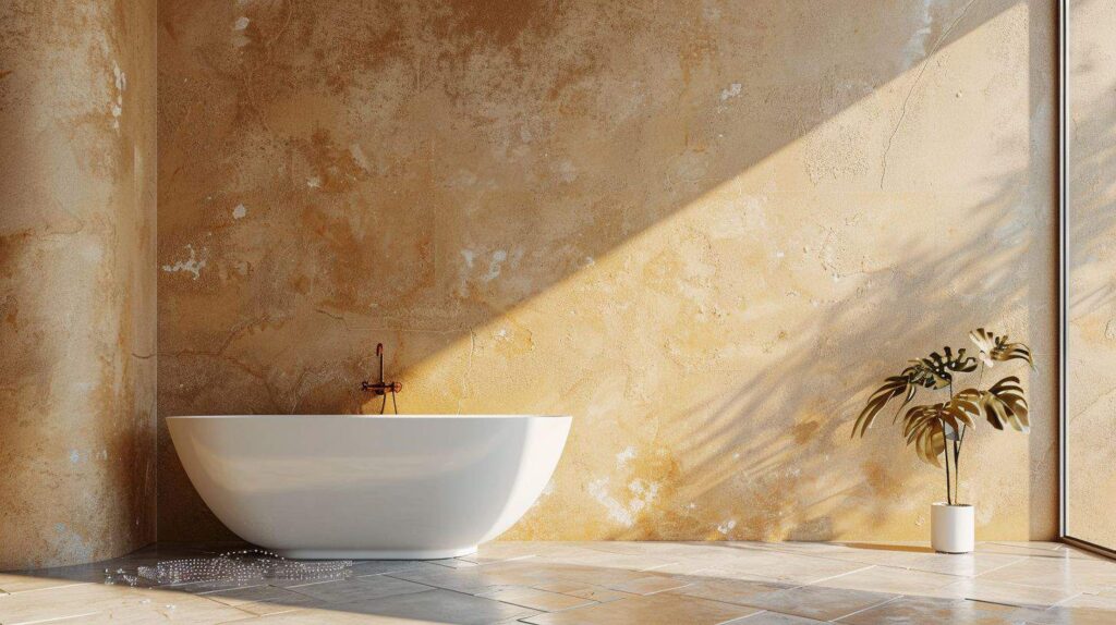 a wall with Venetian plaster in a high-moisture bathroom area