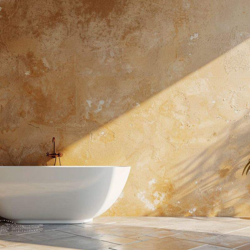 a wall with Venetian plaster in a high-moisture bathroom area