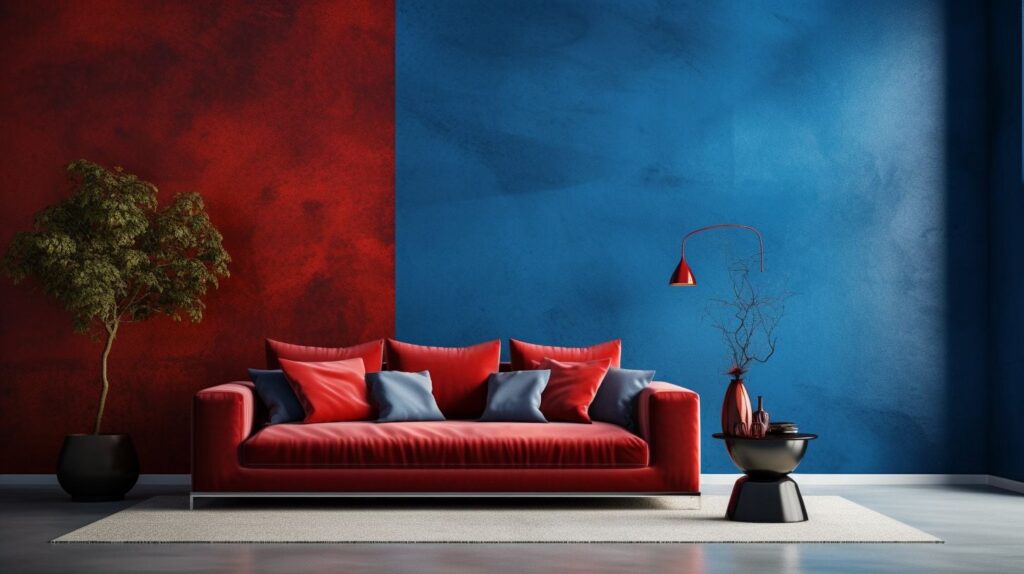 an interior wall finished with Venetian plaster in a vibrant, bold deep blue and rich red colour