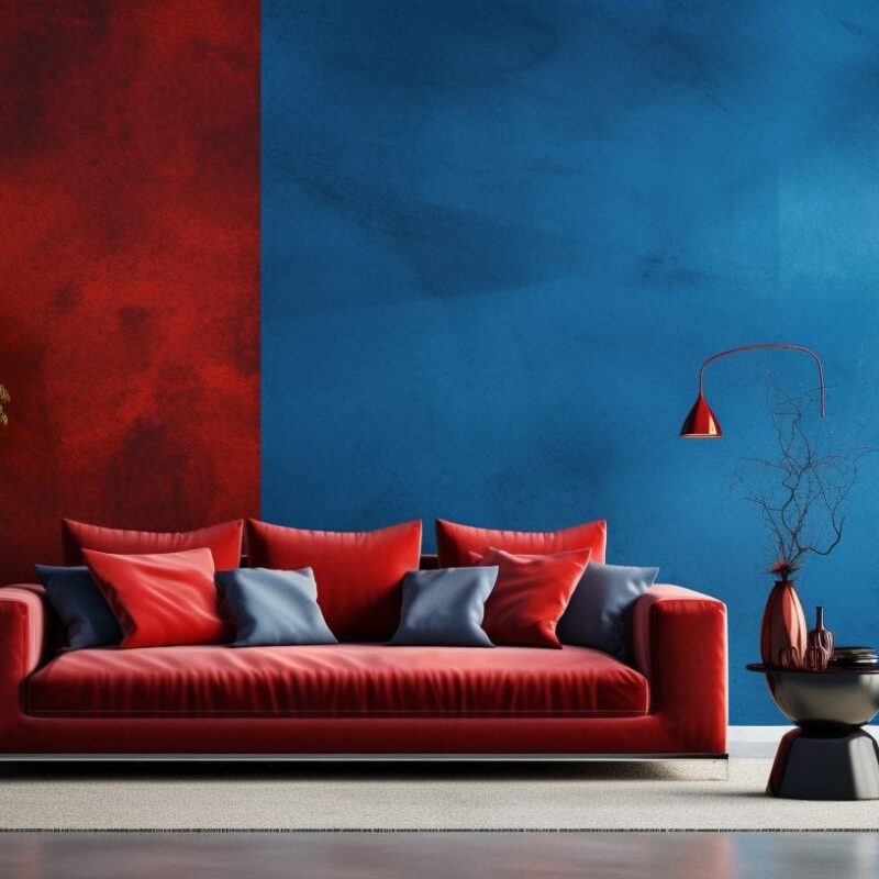 an interior wall finished with Venetian plaster in a vibrant, bold deep blue and rich red colour