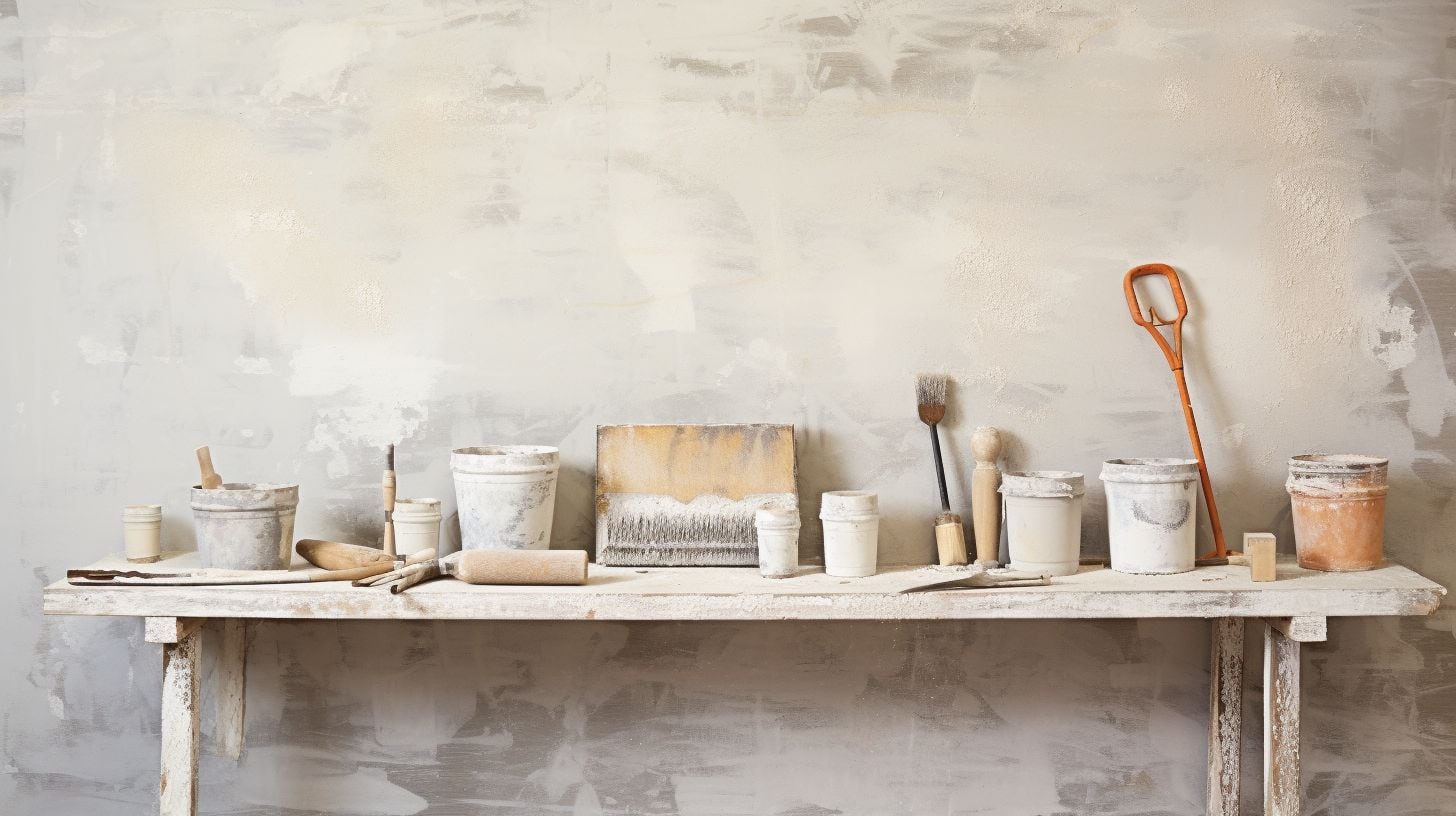 array of tools used for applying textured Venetian plaster, neatly laid out on a workbench