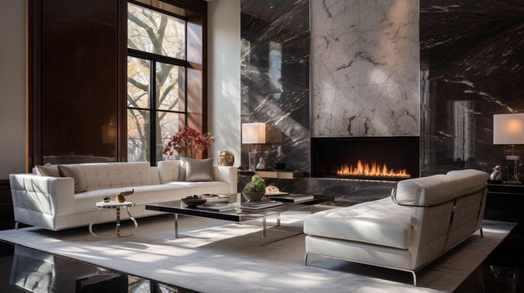 elegant interior with multiple surfaces finished in polished Venetian plaster, including a feature wall, a column, and a fireplace surround in Sydney