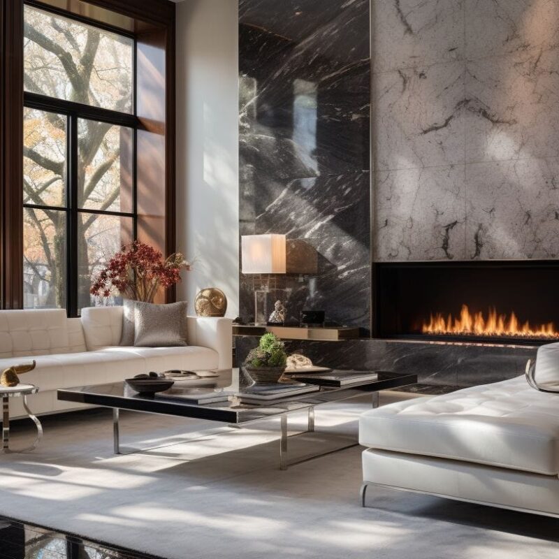 elegant interior with multiple surfaces finished in polished Venetian plaster, including a feature wall, a column, and a fireplace surround in Sydney