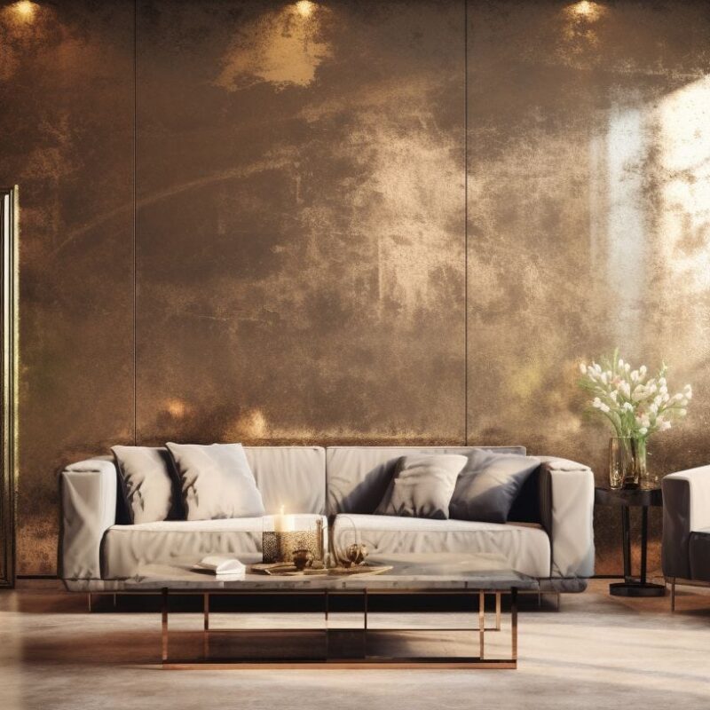 luxurious interior space in Sydney with a wall finished in metallic Venetian plaster