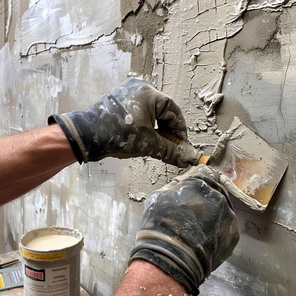 plasterer applying a patching compound to a crack in a wall using a putty knife preparing the wall for venetian plastering in sydney