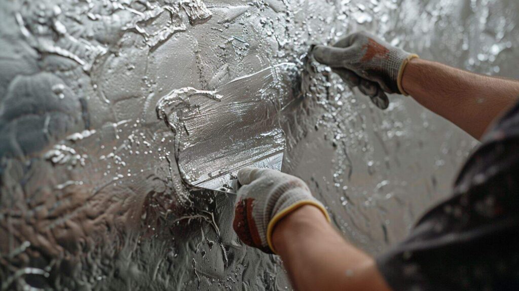 plasterer applying metallic Venetian plaster to a wall using a stainless steel trowel and carefully spreading the plaster with smooth, overlapping strokes to achieve an even base layer