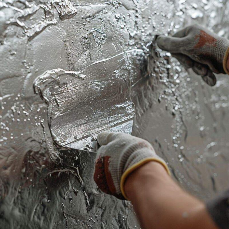 plasterer applying metallic Venetian plaster to a wall using a stainless steel trowel and carefully spreading the plaster with smooth, overlapping strokes to achieve an even base layer