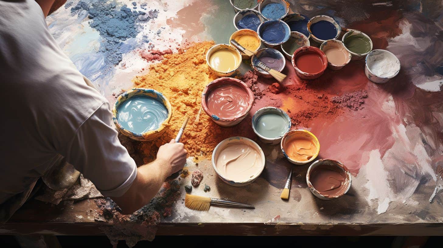 plasterer carefully measuring and blending the pigments into Venetian plaster to achieve a consistent colour