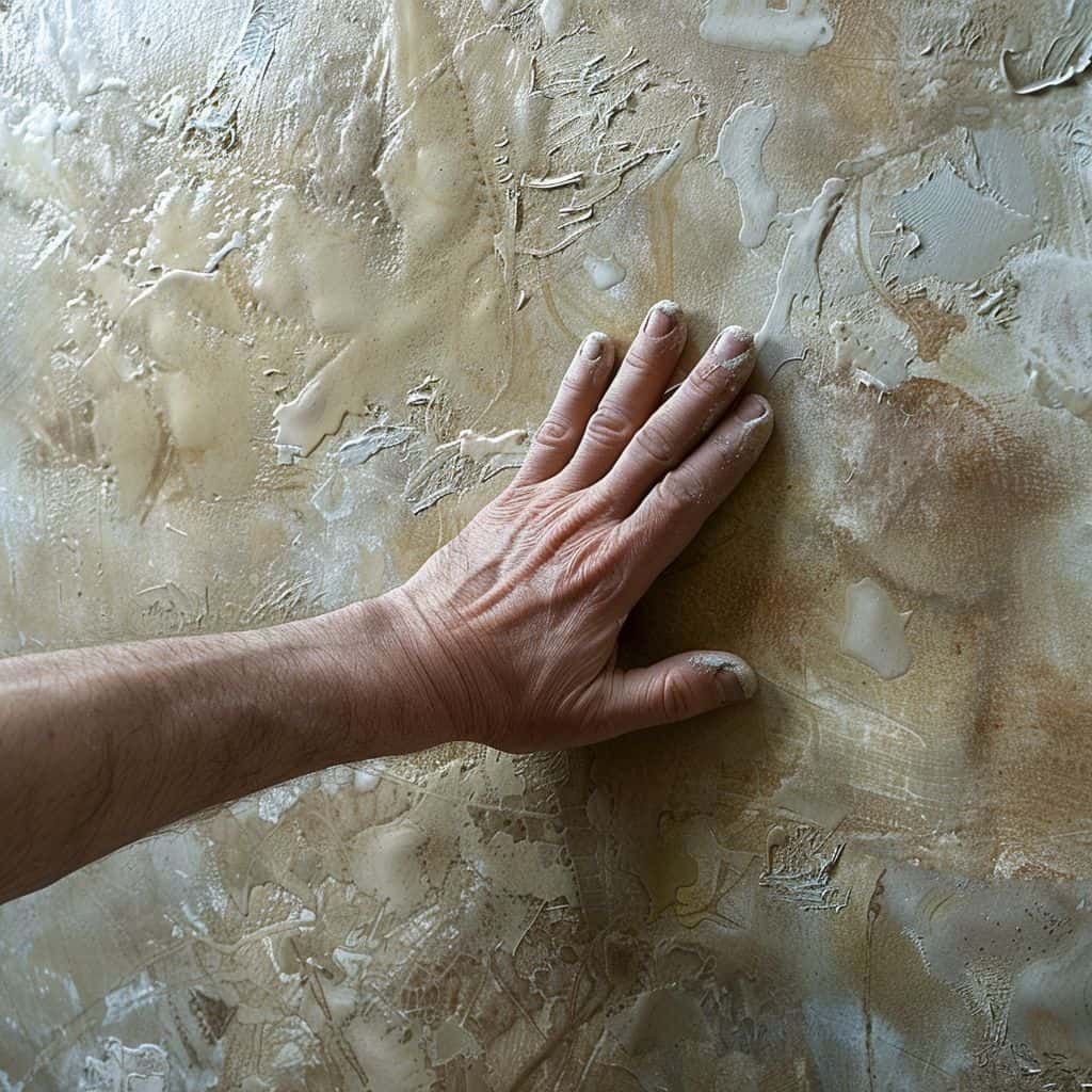 plasterer checking the surface of Venetian plaster to determine the right time for burnishing