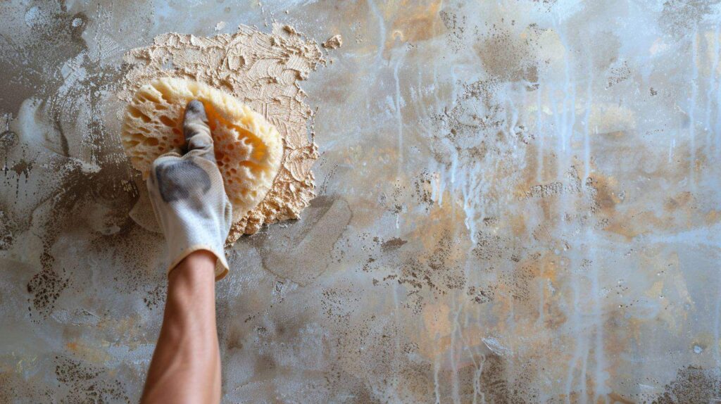 plasterer using a natural sea sponge to create an organic, varied texture in Venetian plaster in Sydney