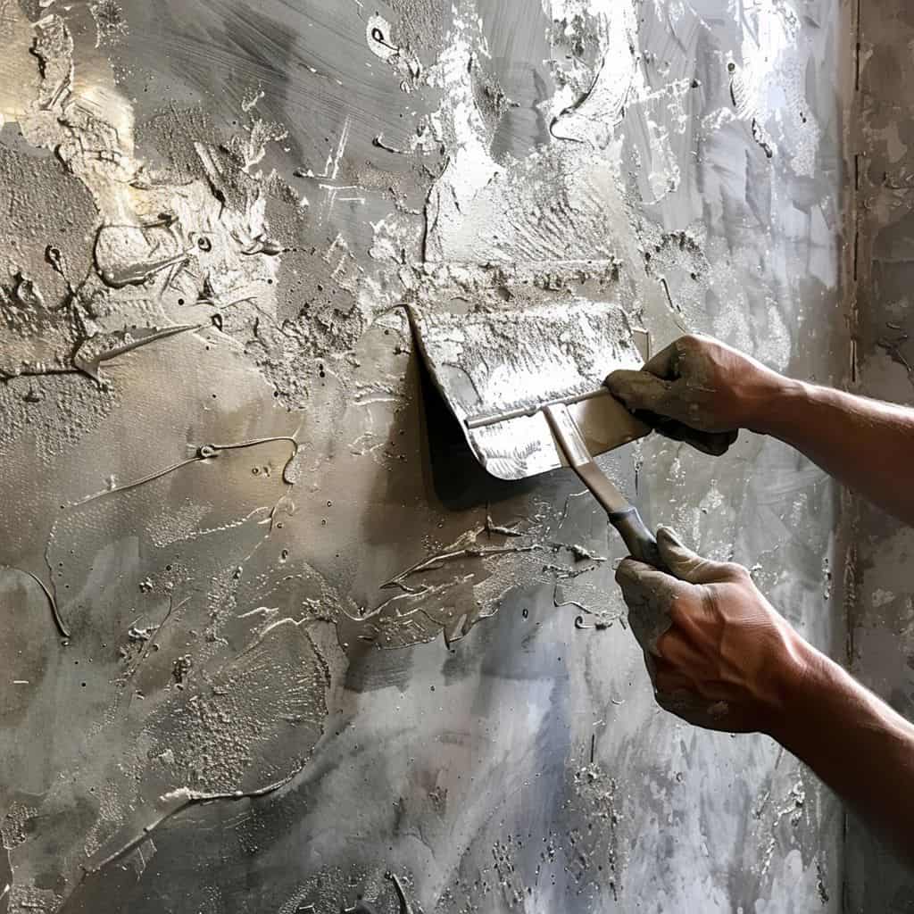 sydney venetian plasterer applying the second layer of Venetian plaster to a wall using a stainless steel trowel