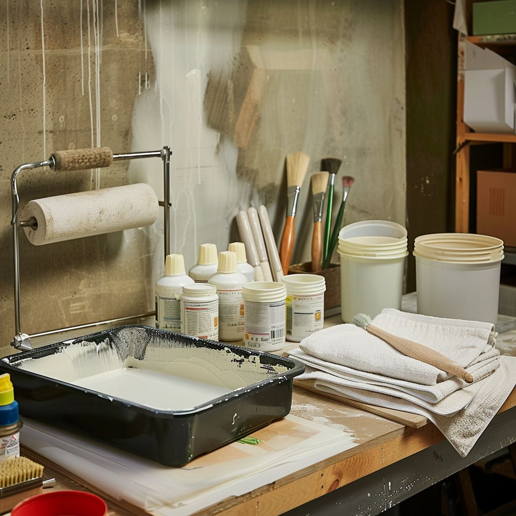 tools and materials needed for base coat application of venetian plaster in sydney, including a paint roller, paint tray, brushes, drop cloths, and containers of acrylic-based and lime-based base