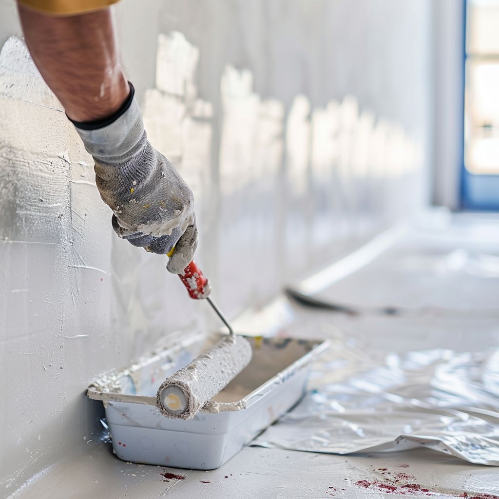 venetian plasterer in sydney applying a base coat to a wall using a paint roller